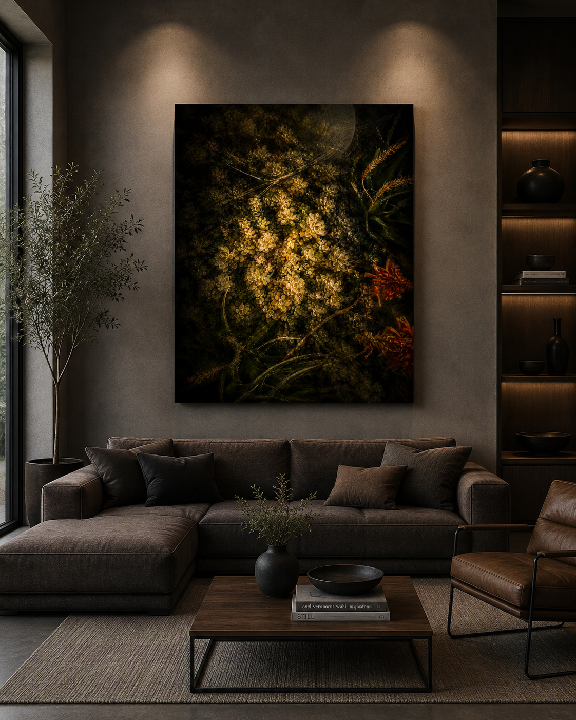 Living room with a dark sofa, throw pillows, a coffee table with books and a vase, a leather chair, a large floral artwork on the wall, potted plant by the window, and built-in shelves with black vases and bowls.