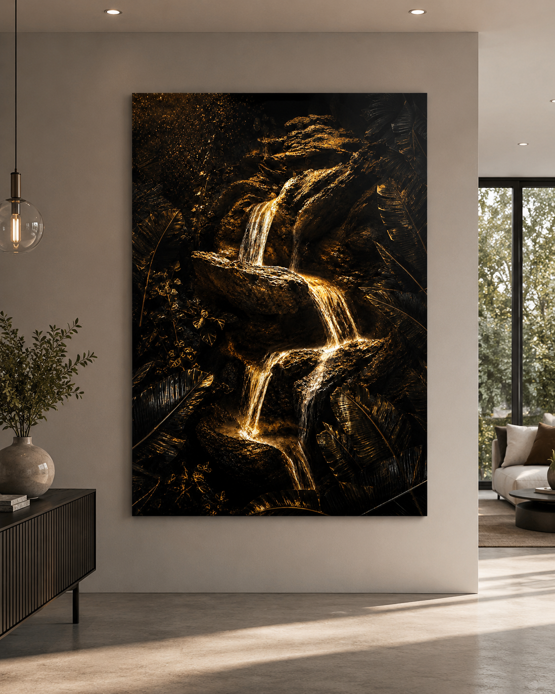 Decorative wall art of a gold-toned waterfall with surrounding lush foliage in a modern living room.