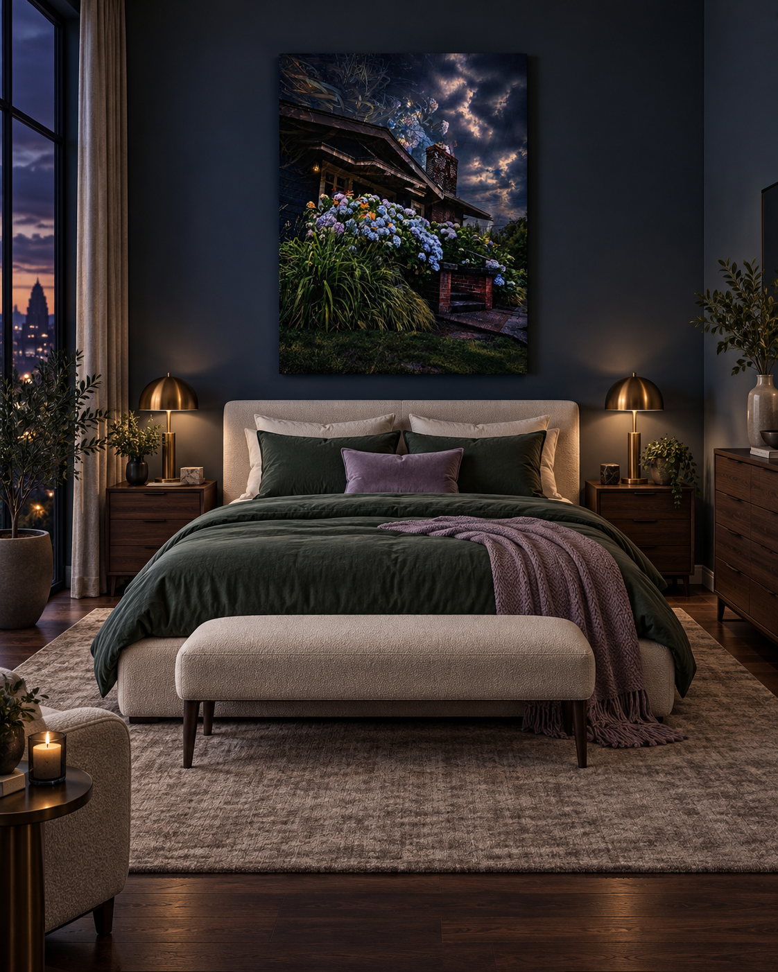 Modern bedroom with a bed, nightstands, lamps, potted plants, and a large painting of a house with flowers on the wall.