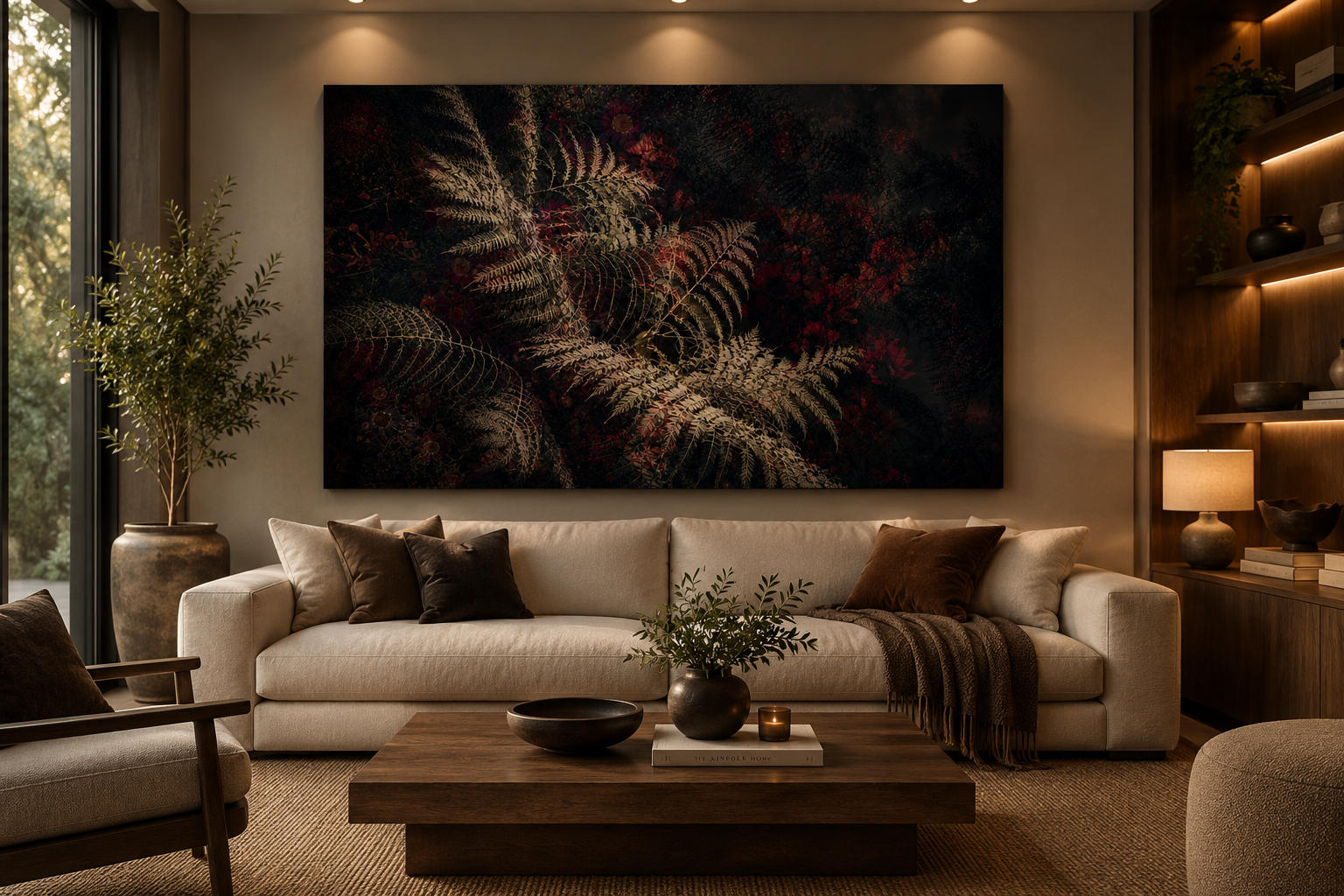 Elegant living room with beige sofa, dark pillows, wooden coffee table with decorative vase and candle, large wall art of foliage, potted plant, and built-in bookshelf with decor, in warm ambient lighting.