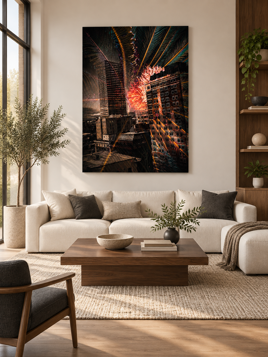 Modern living room with a white sofa, wooden coffee table, abstract cityscape art on the wall, potted plants, and large windows letting in natural light.