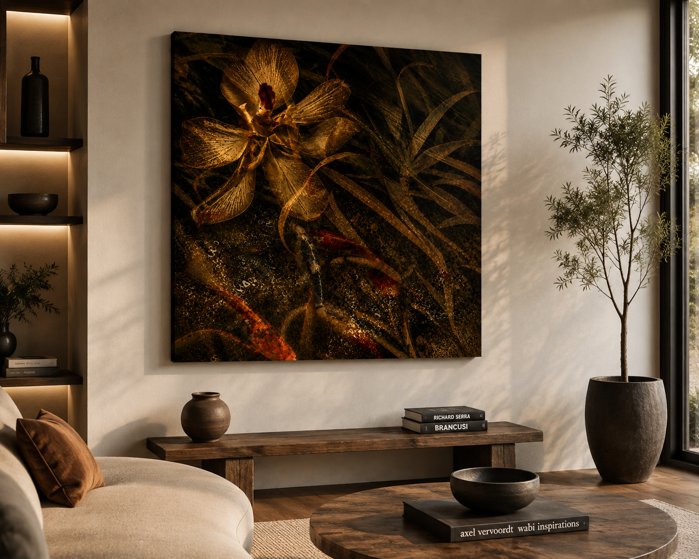 Living room with a large dark floral artwork on the wall, a potted plant near a window, a wooden coffee table with books, a beige sofa with brown pillows, and a wooden console with a rounded vase.