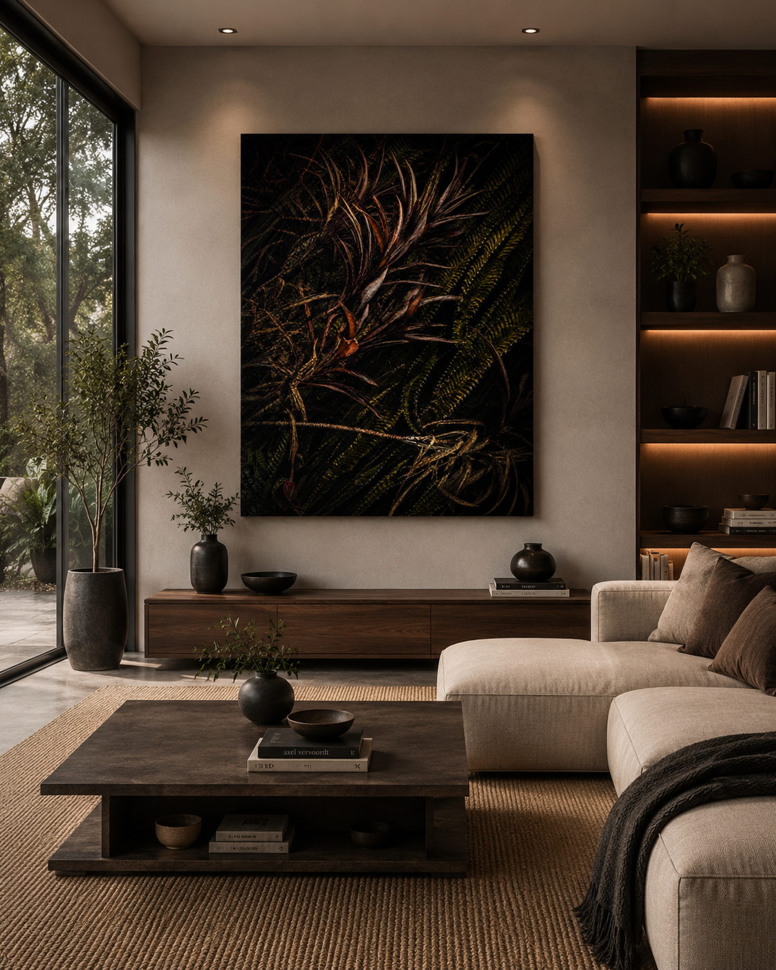 Modern living room with large window, abstract botanical art on wall, potted plants, wooden shelves with vases and books, beige sectional sofa, dark wood coffee table, textured area rug.