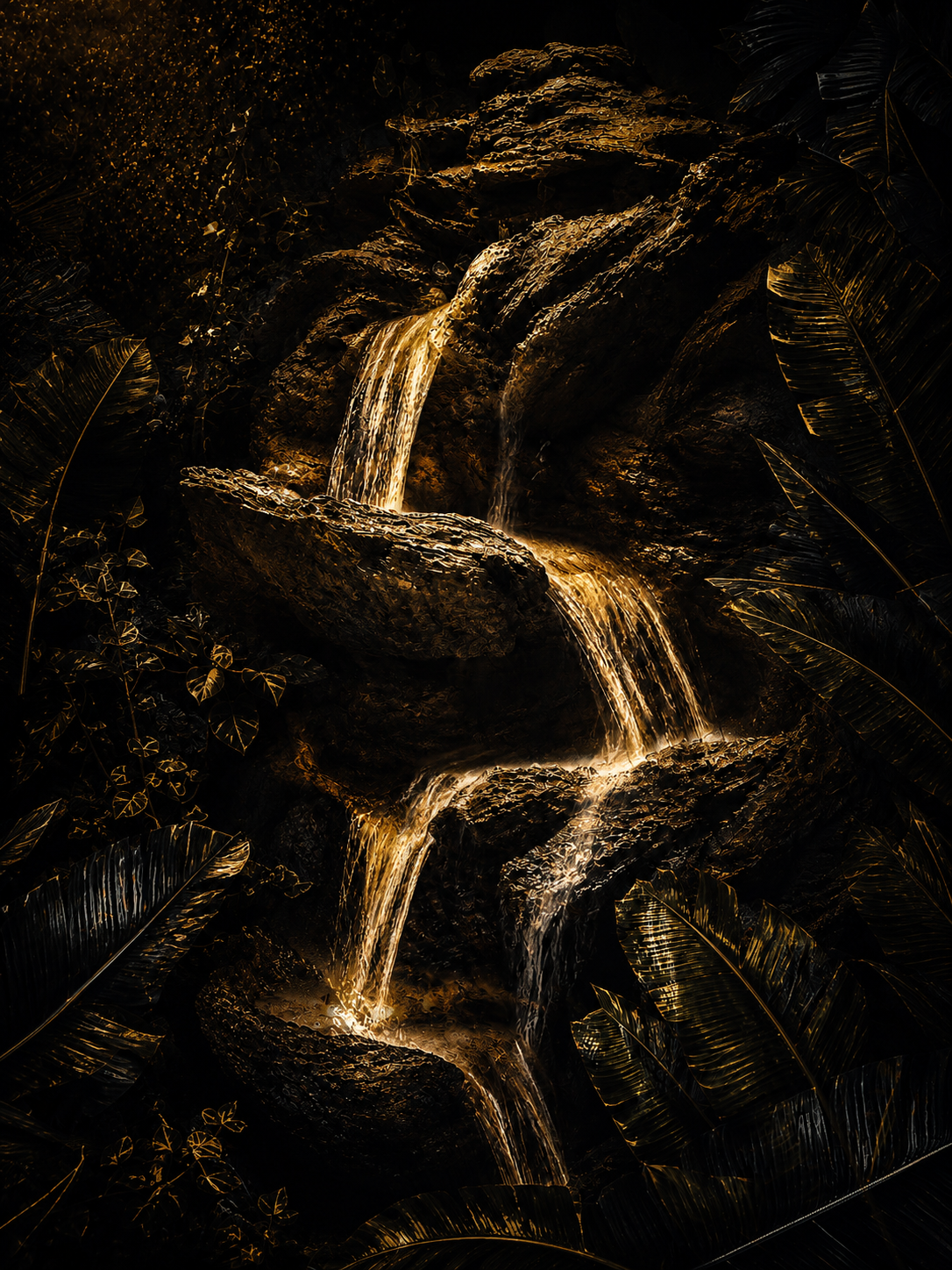 A dark scene of a glowing, golden waterfall cascading over rocks surrounded by lush dark leaves.