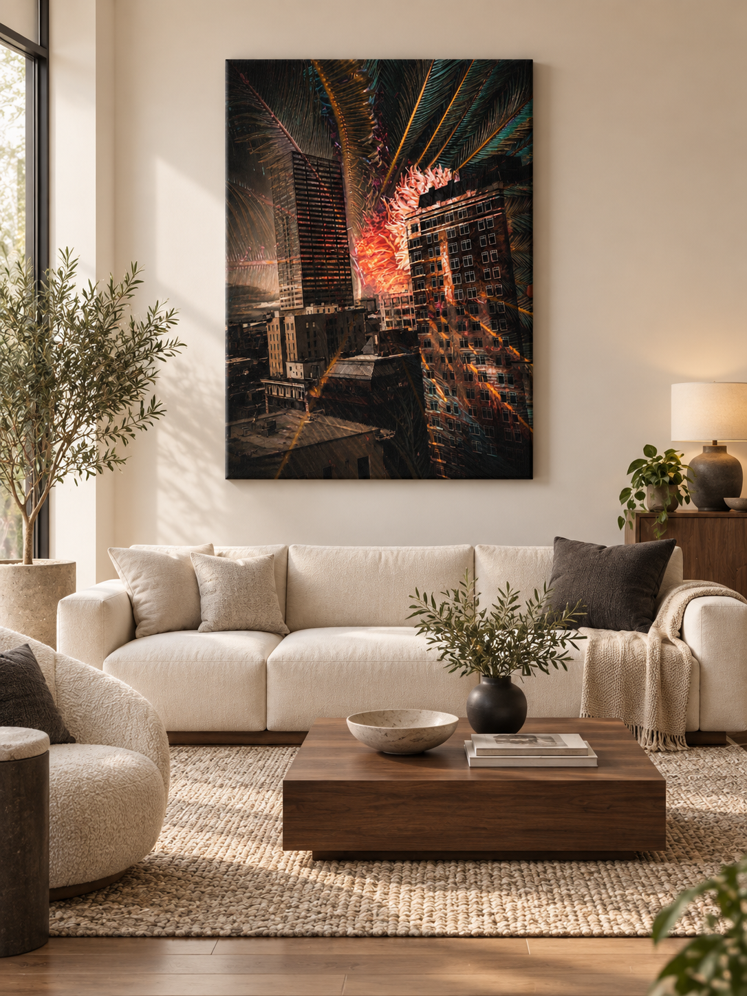 Living room with a white sofa, beige and dark pillows, wooden coffee table with a black vase and green plant, large colorful cityscape art on the wall, and a potted plant near a window.