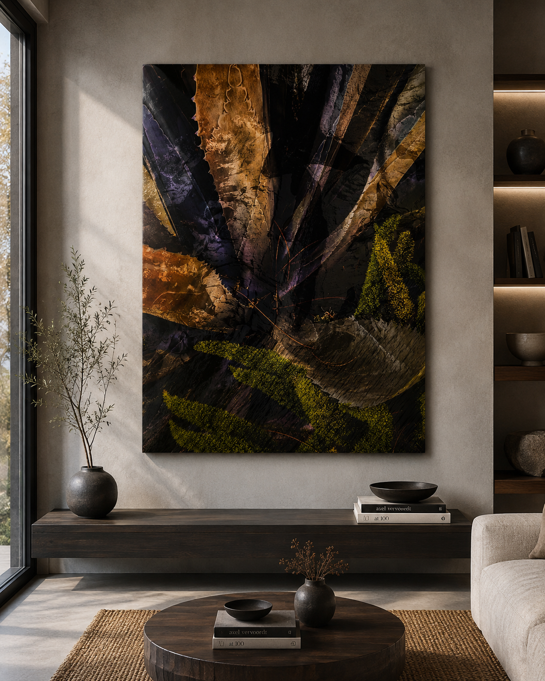 Modern living room with a large abstract painting featuring dark, earthy tones and green accents on the wall, a wooden sideboard, a tall vase with branches, and a round coffee table with books and small vases.
