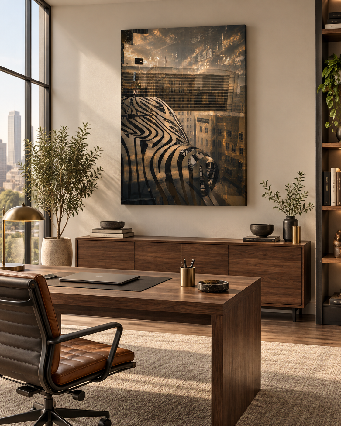 Modern office with wooden desk, leather chair, large window with city view, framed abstract black and gold artwork, potted plants, books, and decorative objects.
