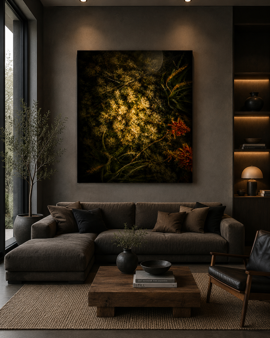 A modern living room with a gray couch accented with dark and light pillows, a wooden coffee table with books and vases, a large floral painting on the wall, a tall potted plant near a window, and built-in shelves with decorative items and a lamp.