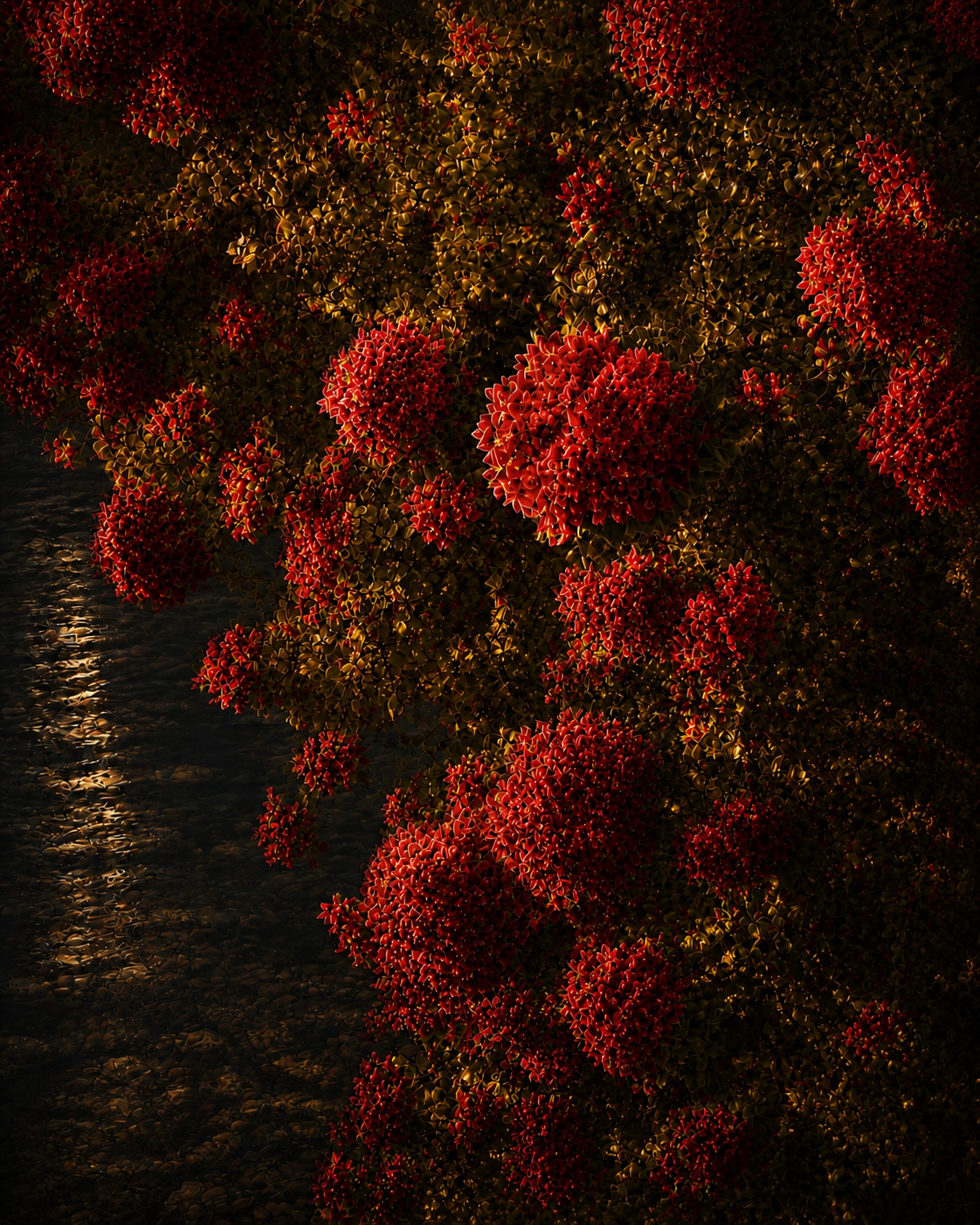 Fine art nature photography featuring vivid crimson and orange foliage glowing against a dark, atmospheric background. Crimson Afterglow by Emma Belgard Photography.