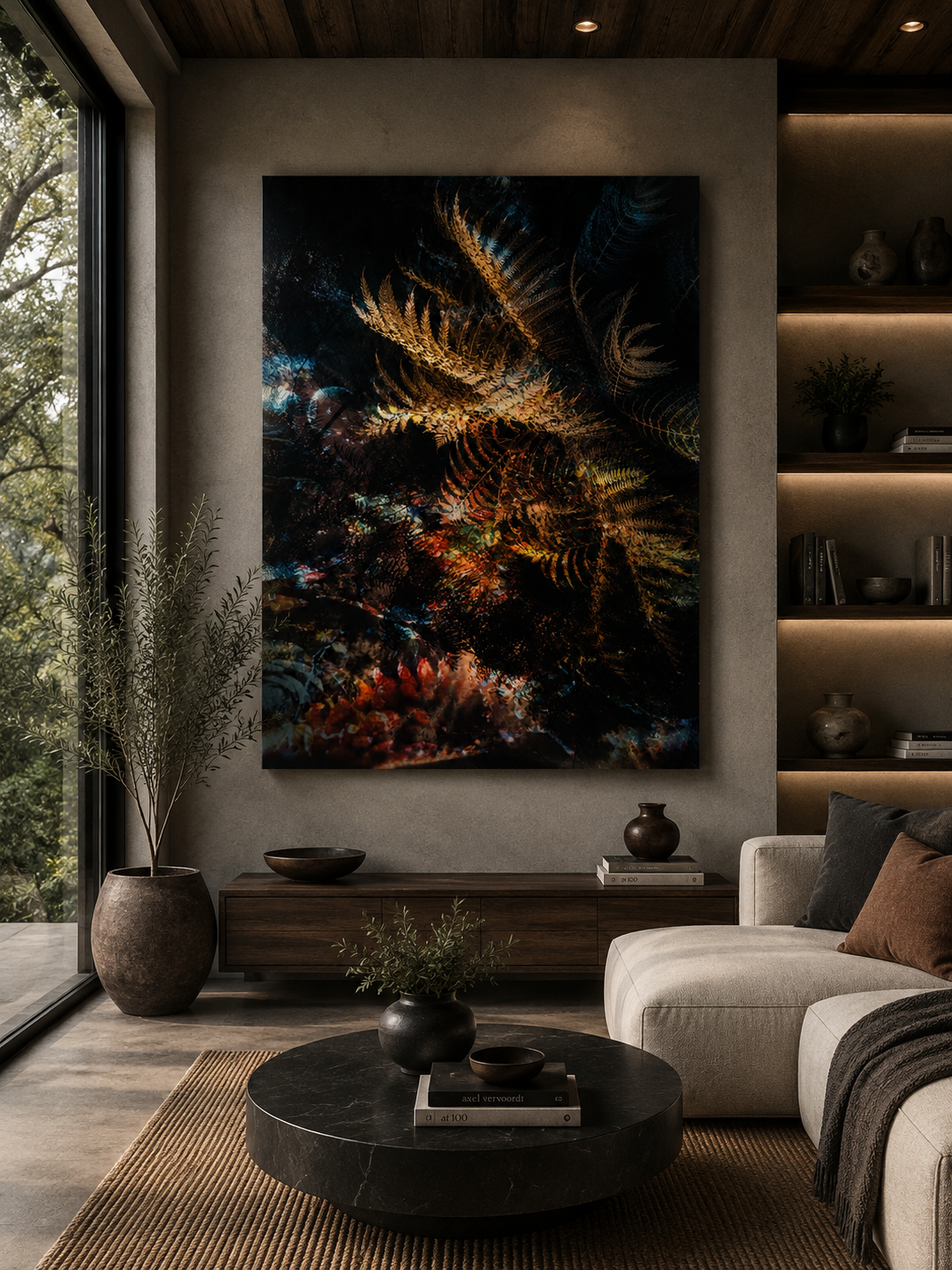 Modern living room with abstract artwork featuring fern fronds in shades of gold, orange, and blue, large window with greenery outside, beige sofa with dark and brown pillows, black marble coffee table with books and vases, wood and stone accents.