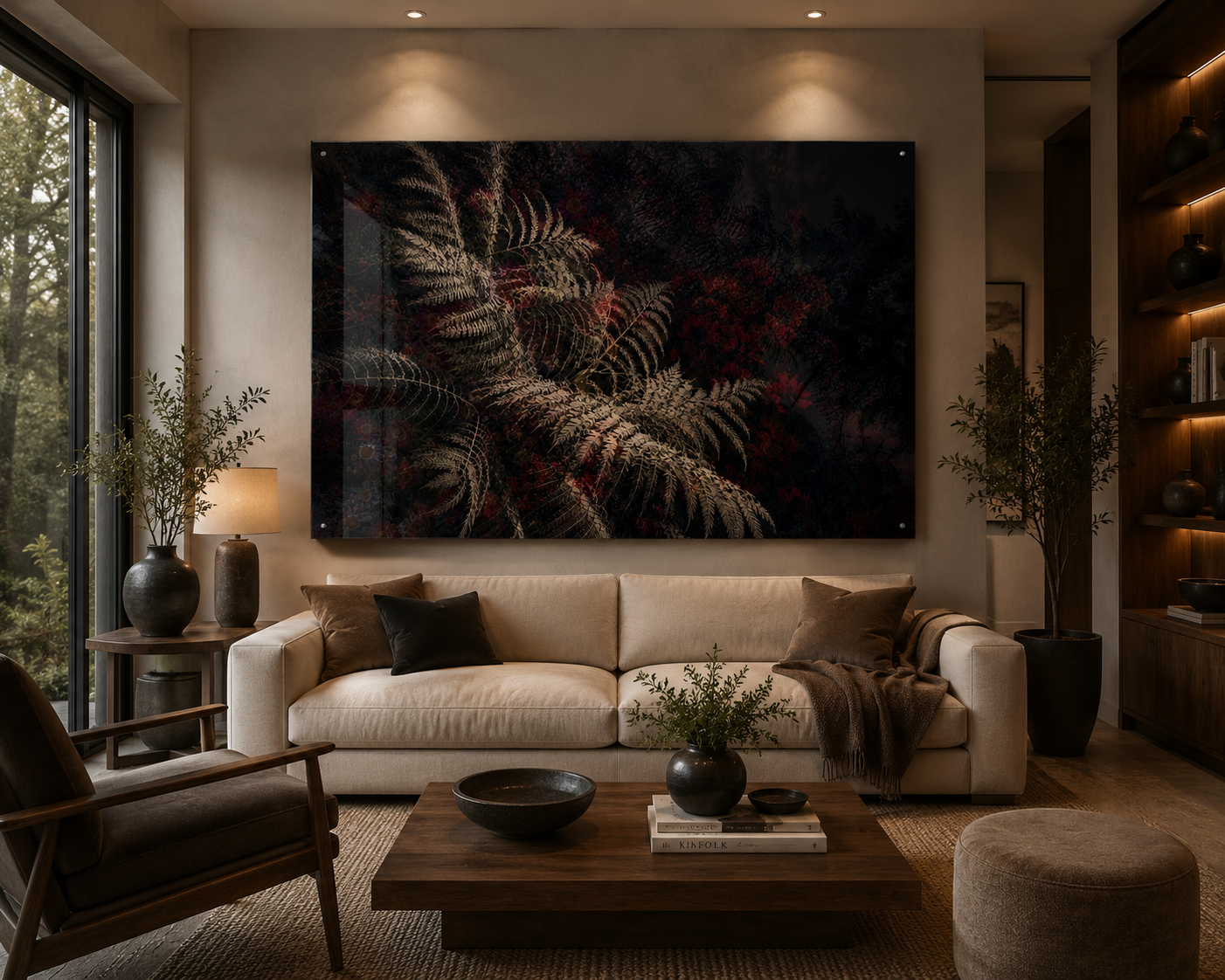 Living room with a beige sofa, dark brown pillows, a wooden coffee table with decorative bowls and a plant, a dark armchair, a large artwork of fern leaves above the sofa, side tables with lamps, potted plants, a wall shelf with vases, and large windows with trees outside.