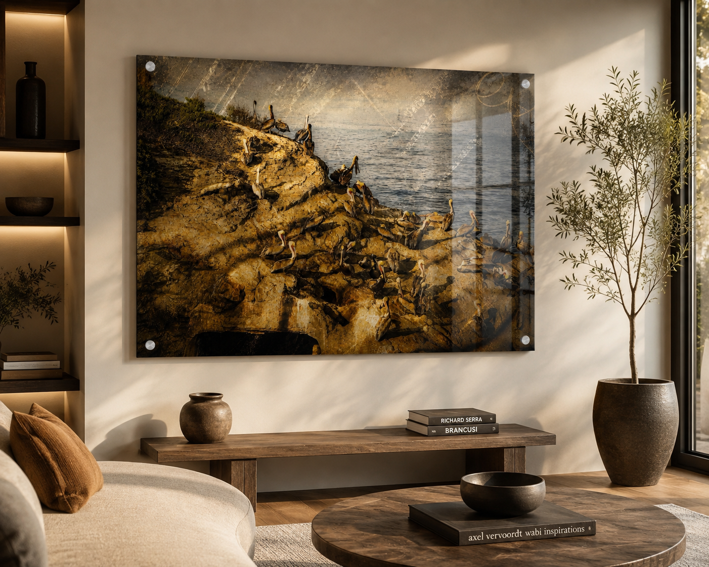 Living room with a large framed photograph of a rocky shoreline with sea birds, a wooden console table below with books and a ceramic vase, a potted plant to the side, and a window letting in natural light.