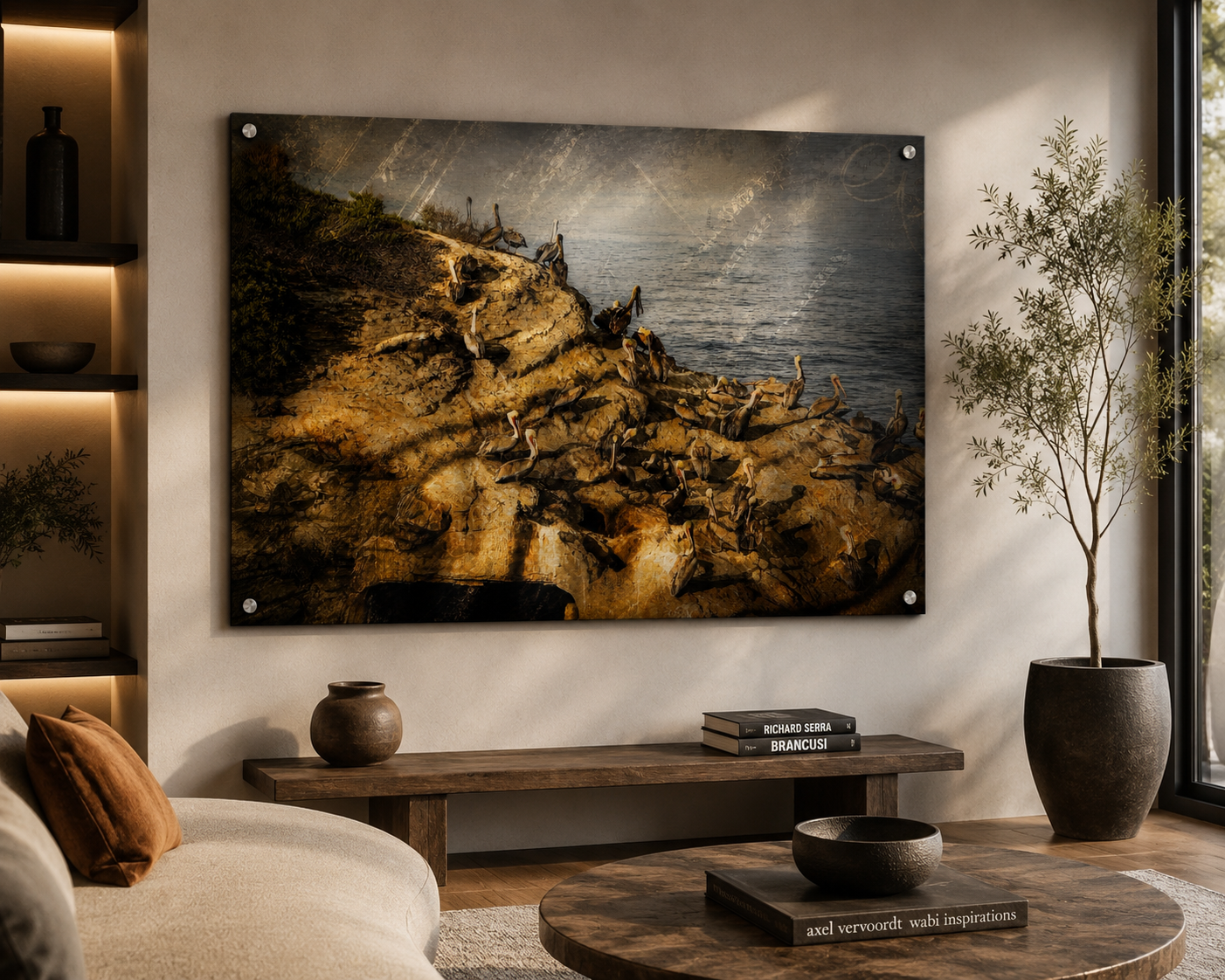 Living room with large wall art of a rocky coastline with birds and water, a wooden table with books, a potted plant, and a beige sofa with a brown cushion, natural light coming through a window.