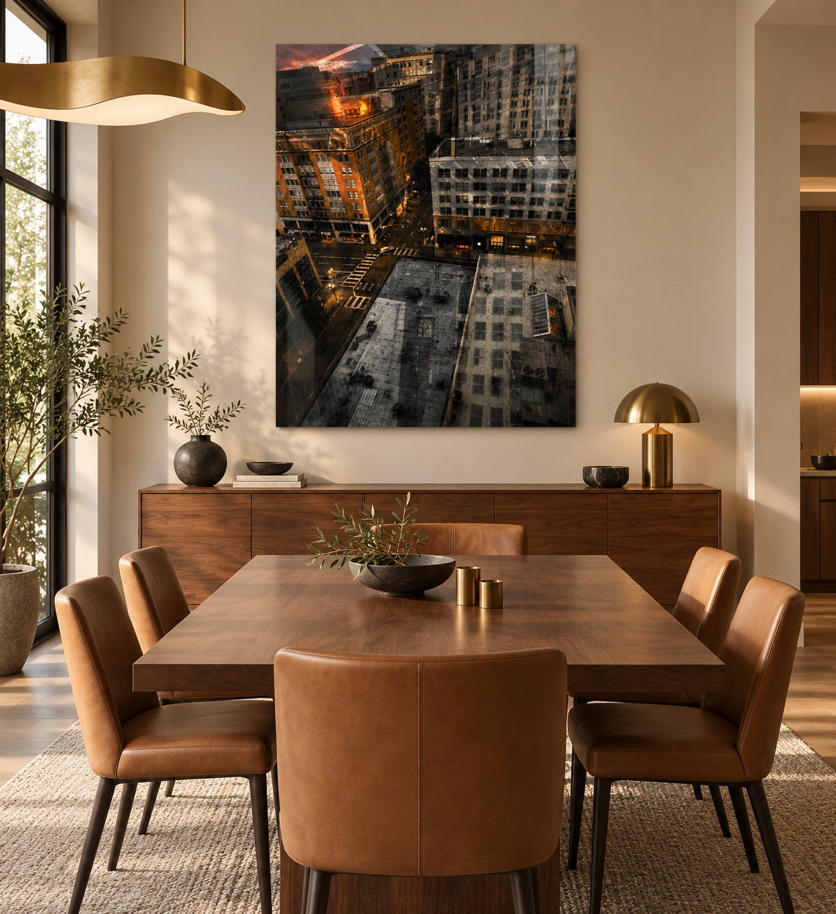 Modern dining room with six tan leather chairs around a wooden table, decorated with a black bowl with greenery, gold candles, and a wooden sideboard with black and gold accents. Large window with trees outside and a wall art piece depicting city buildings from a high vantage point.