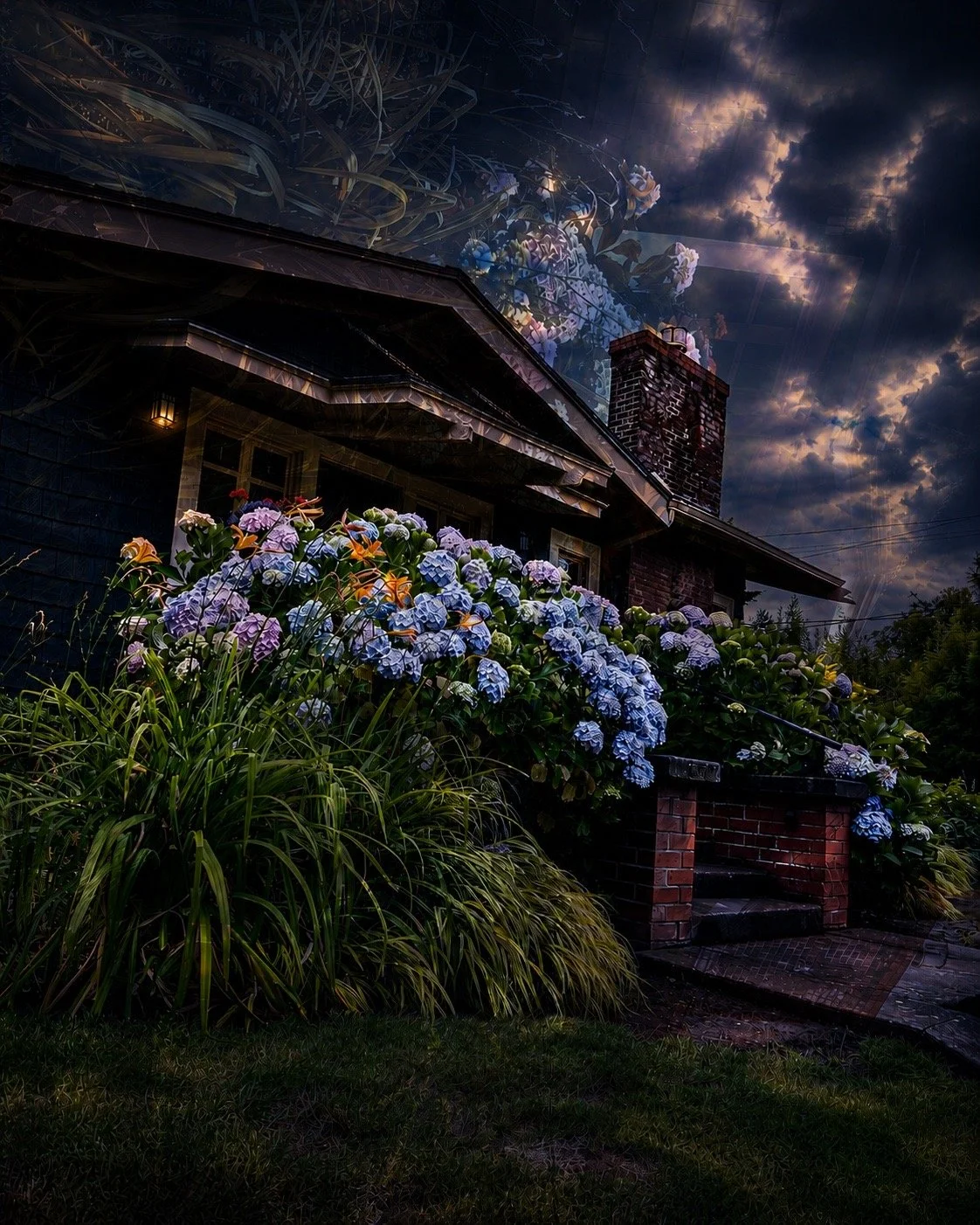 A house with a flower garden in front, set against a dramatic, cloudy sky at sunset or dusk.