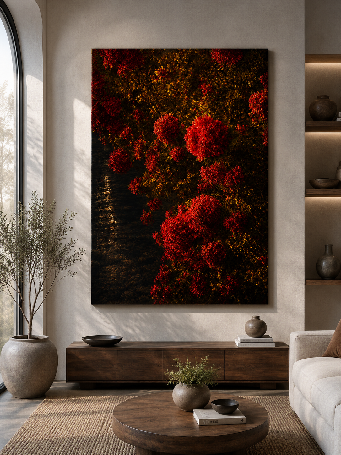 Living room with a large wall art depicting red flowers and dark foliage, a wooden console table, a beige sofa, potted plants, and decorative vases.