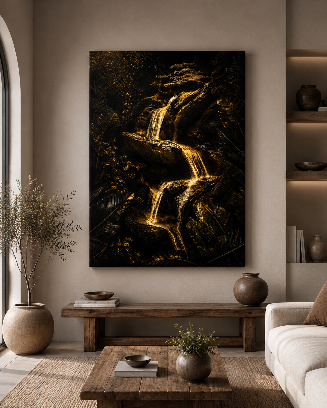 Living room with a large black and gold painting of a waterfall on the wall, a wooden coffee table with a plant and bowls, a beige sofa, a side table with a potted tree, and built-in shelves with decorative items.