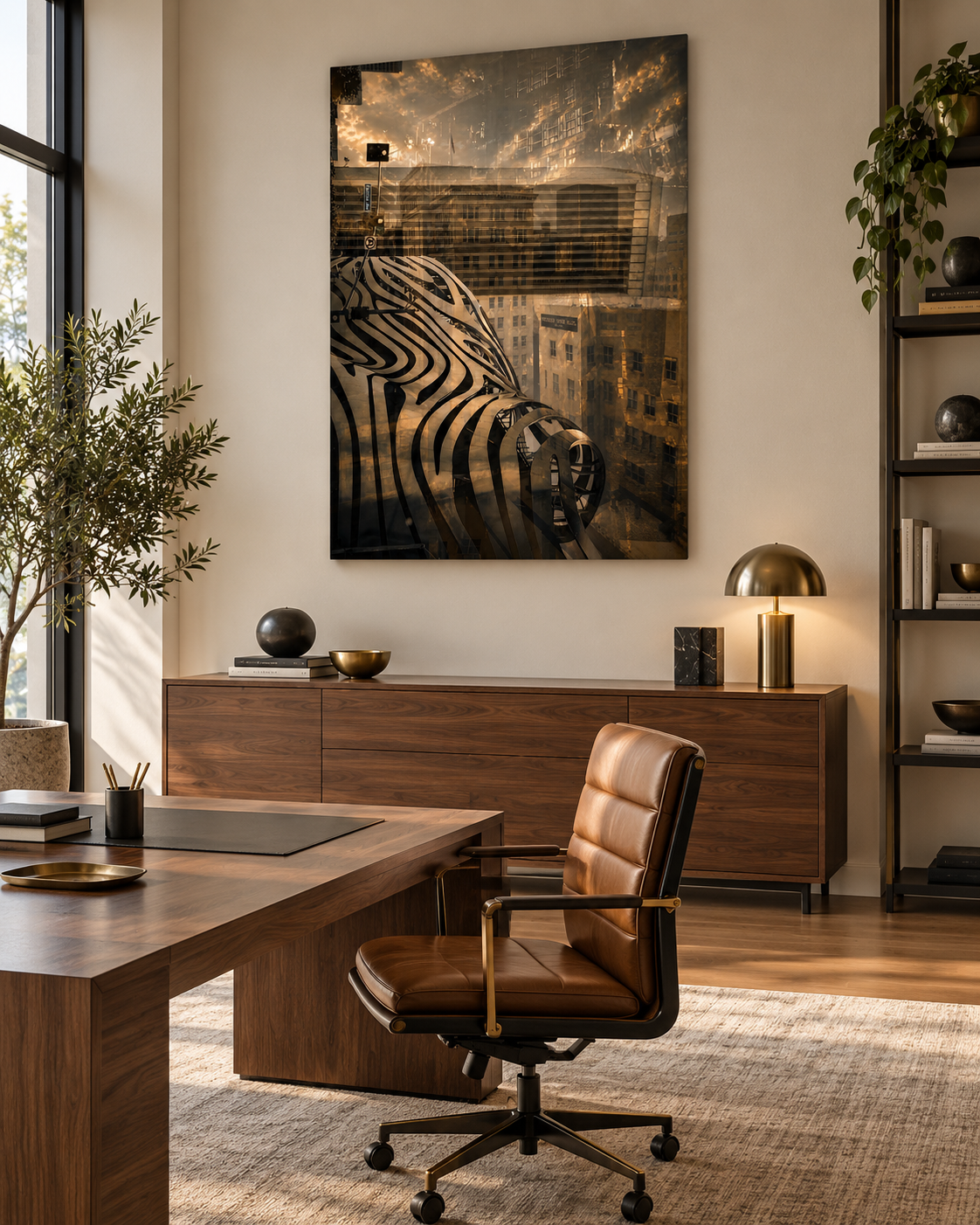 Modern office with wooden desk, leather office chair, large wall art reflecting cityscape, potted plant, and sideboard with decorative objects, illuminated by natural light.