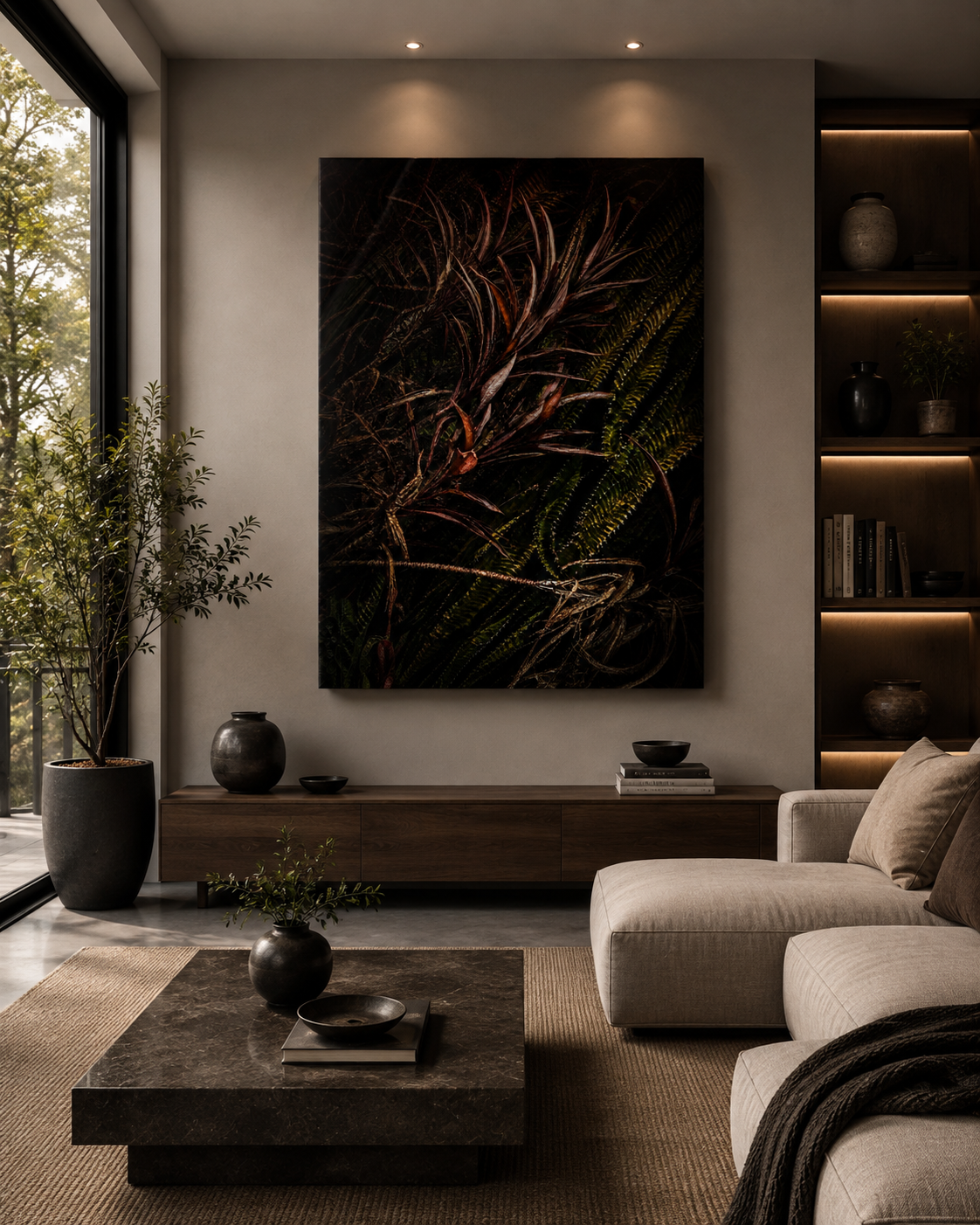 Living room with a large floral artwork on the wall, a beige sofa with pillows, a black marble coffee table with a vase and a bowl, a wooden sideboard with vases, a potted plant next to a large window, and books on a built-in shelf with warm lighting.