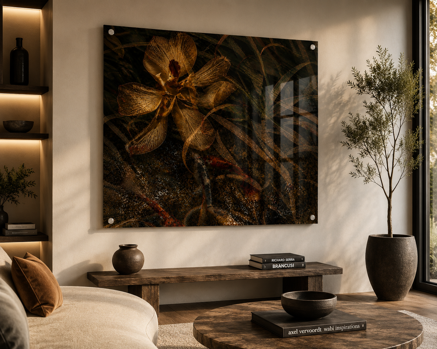 Modern living room with beige sofa, dark wood coffee table, large artwork of a flower on the wall, potted plant, and books.