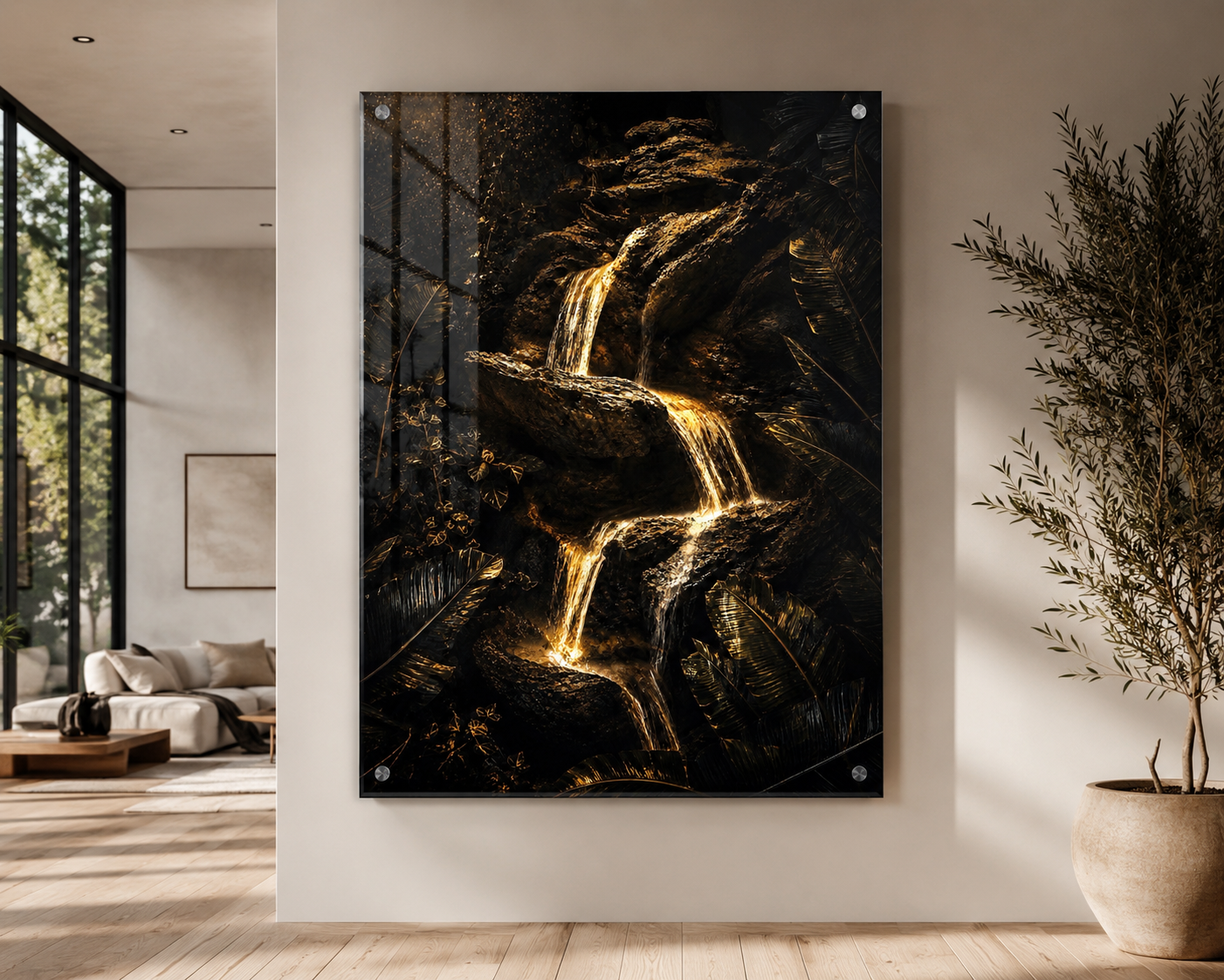 Interior of a modern living room with a large wall art featuring a waterfall and dark foliage, next to a potted plant.