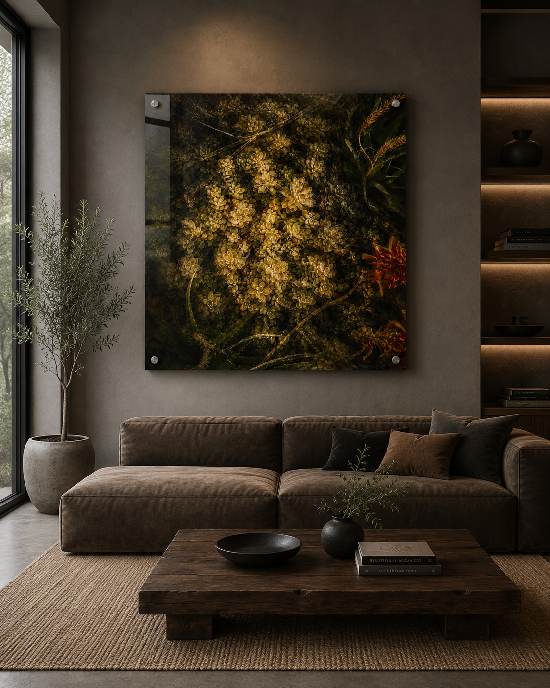 Modern living room with a large botanical wall art, a brown velvet sofa with pillows, a potted plant near the window, a rustic wooden coffee table with a black bowl, a vase with greenery, and books, with built-in shelves featuring black vases and books, and a floor-to-ceiling window bringing in natural light.