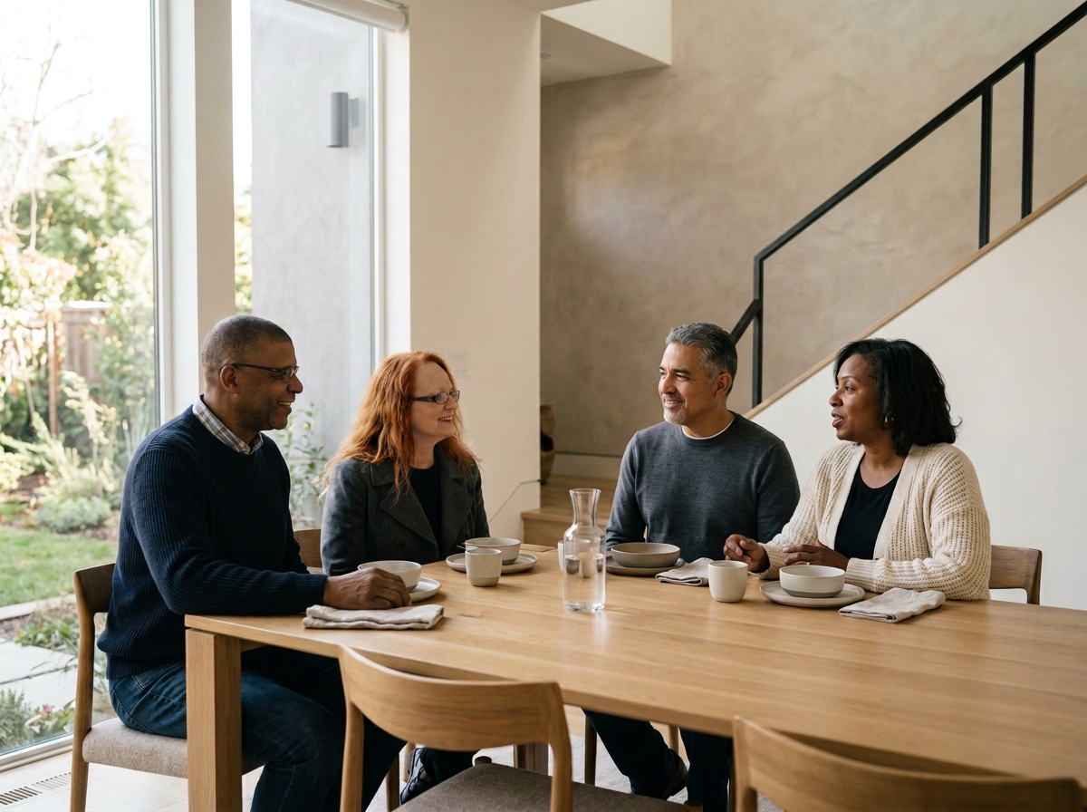 Four adults sitting at a wooden dining table having a conversation in a bright room with large windows and a staircase in the background