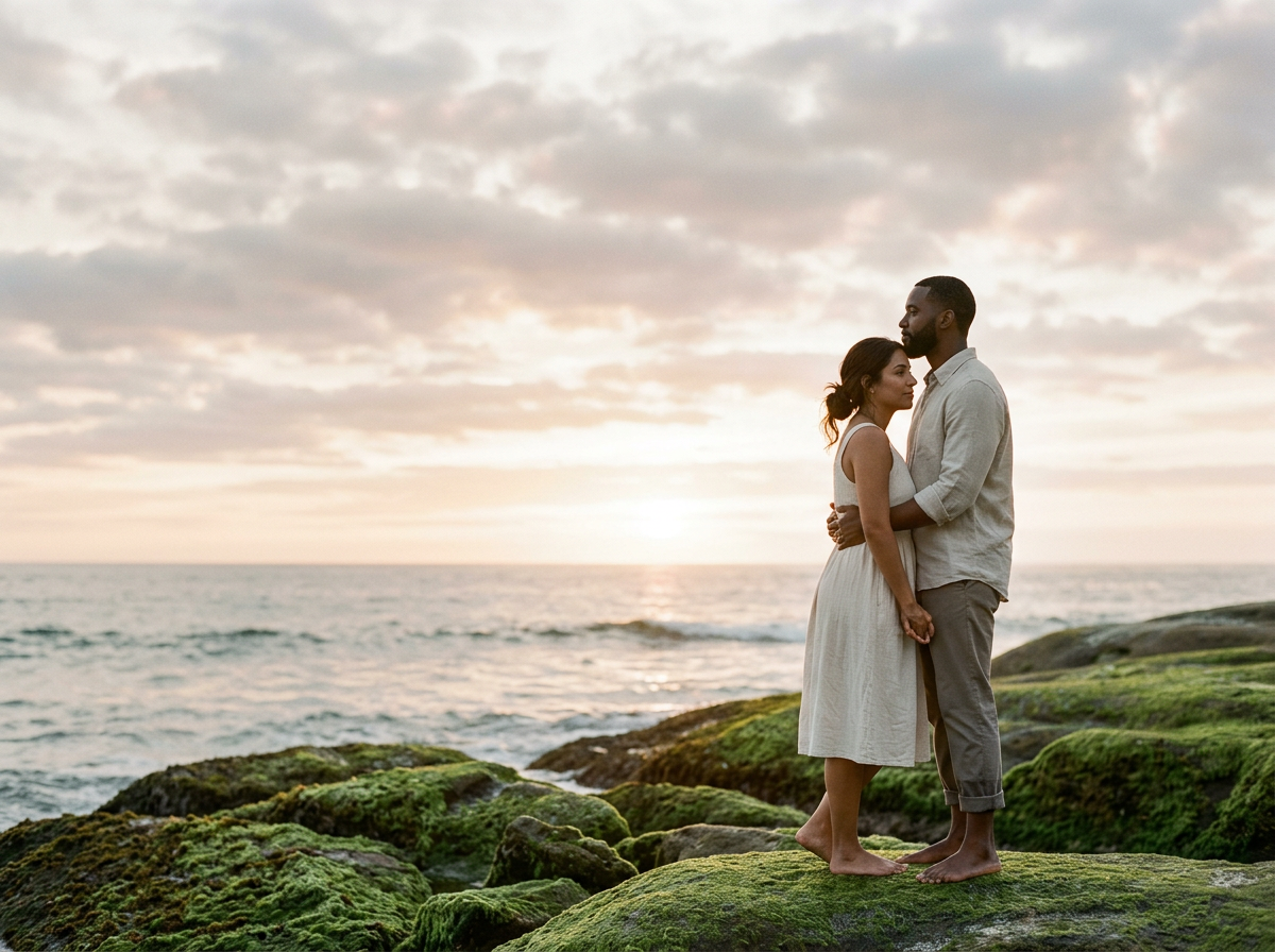 A couple stands close together on moss-covered rocks by the ocean at sunset, facing each other and holding hands.