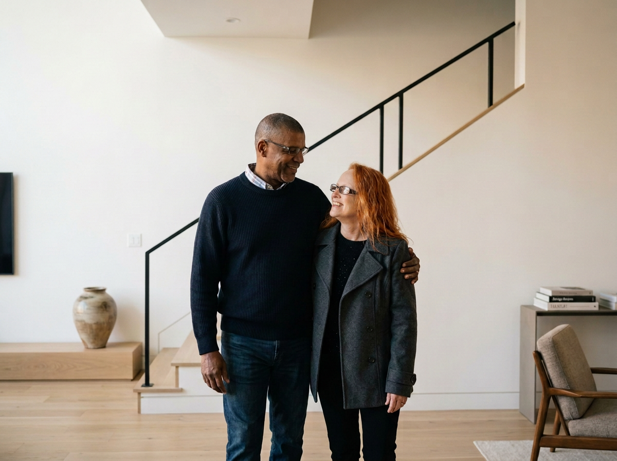 A happy middle-aged man and woman smiling and looking at each other in a modern living room.