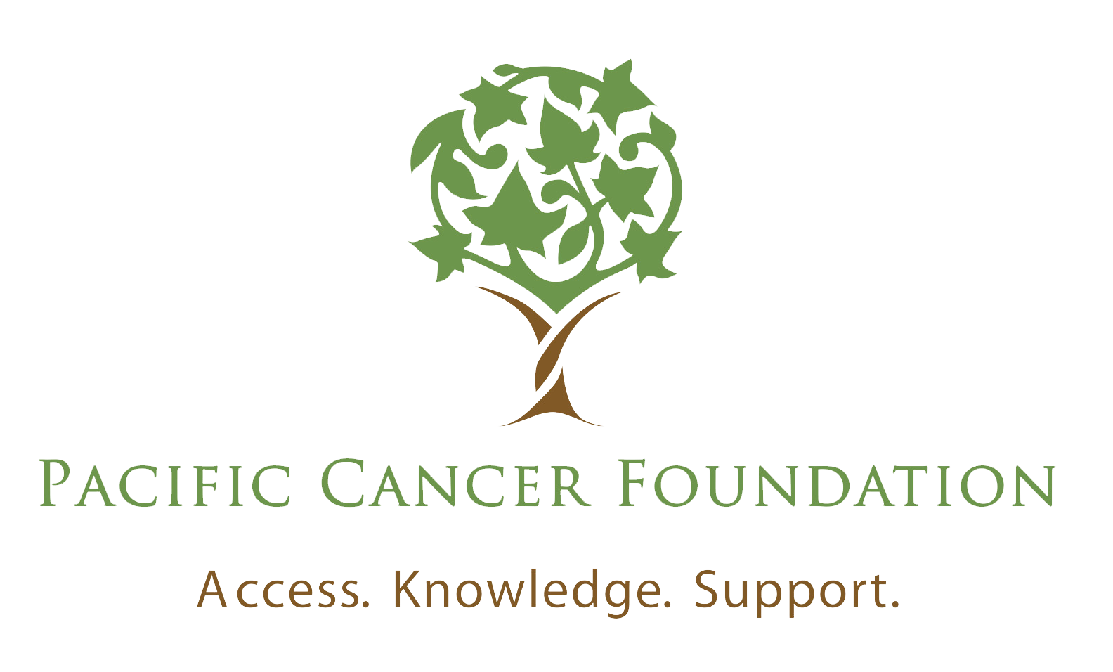 Logo of the Pacific Cancer Foundation featuring a kukui tree with green leaves and brown trunk, and the foundation's name and slogan 'Access. Knowledge. Support.'
