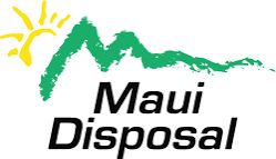 Logo for Maui Disposal with a sun, mountain, and water graphic.