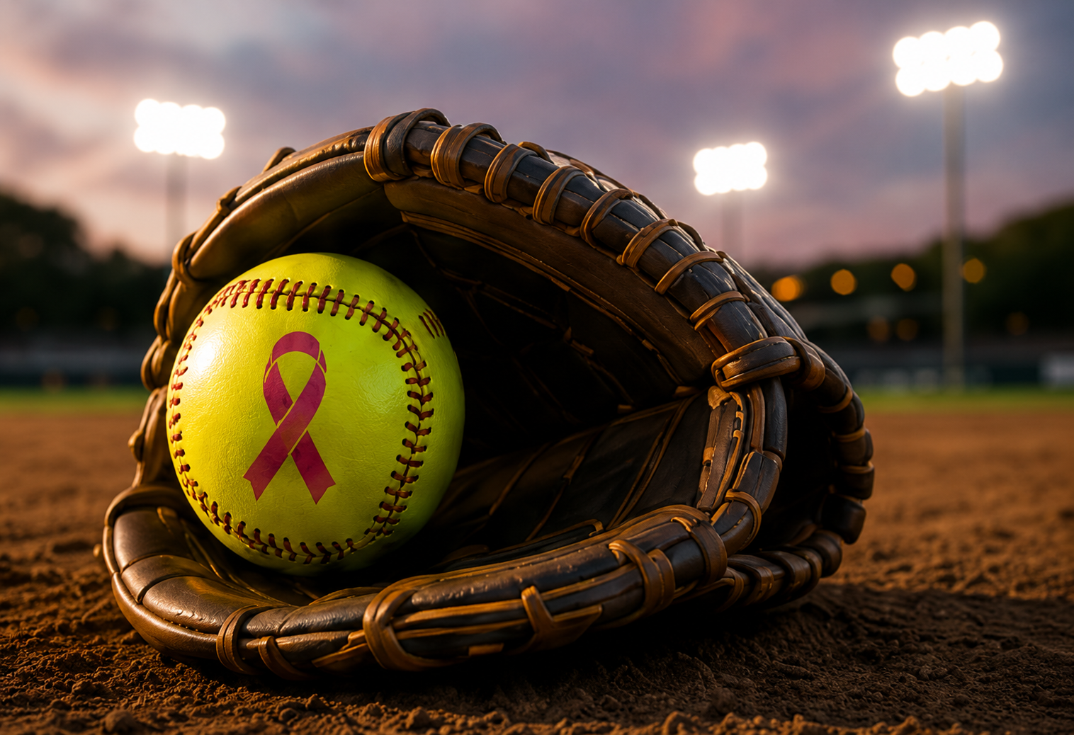 A yellow softball with a pink ribbon symbol for cancer awareness, inside a baseball glove on a baseball field during sunset.