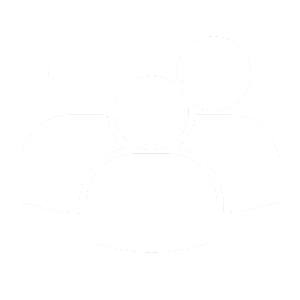 Icon of three white human figures representing a group or community on a black background.