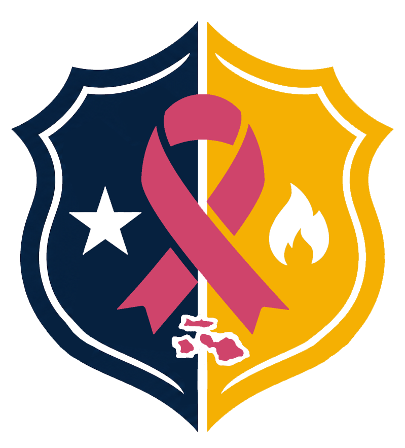 An emblem resembling a combined police and firefighter badge, with a pink ribbon in the center, a star on the left side, and a flame on the right side. The emblem is half navy blue and half yellow color.