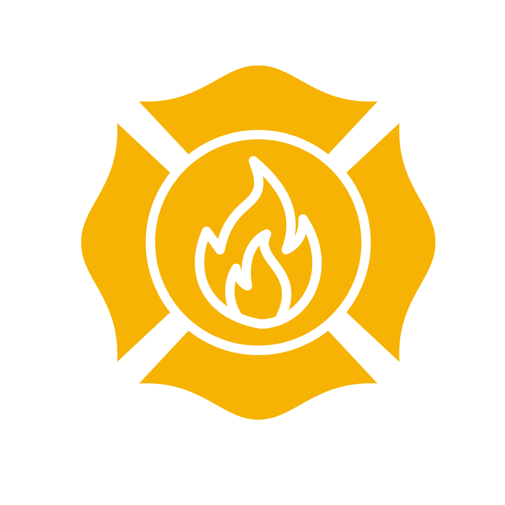 Firefighter badge with a black silhouette of a flame inside a circular emblem, surrounded by a gold Maltese cross.