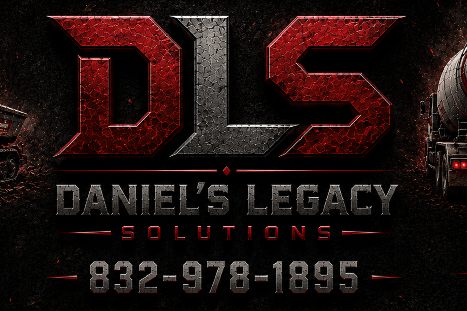 Logo for Daniel's Legacy Solutions featuring large metallic red and gray initials 'DLS' with a dark textured background and contact number 832-978-1895.