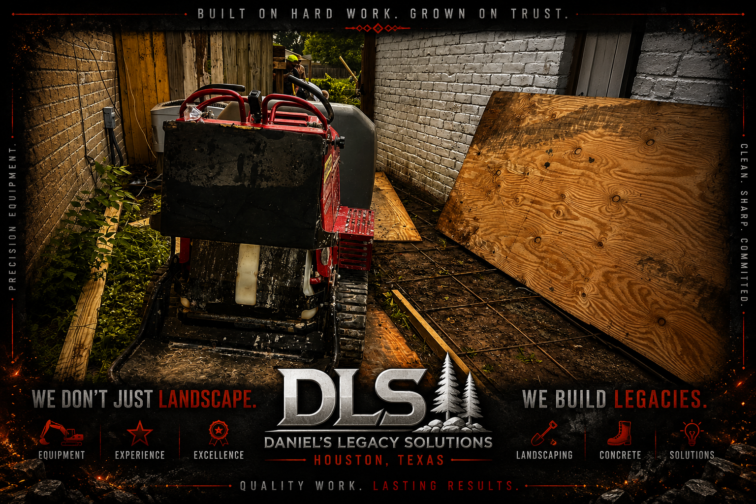 A construction site with a mini excavator and large wooden panels leaning against a brick wall. There are plants along the side. The image is part of a promotional graphic for Daniel's Legacy Solutions, featuring slogans about landscaping, concrete, and solutions in Houston, Texas.