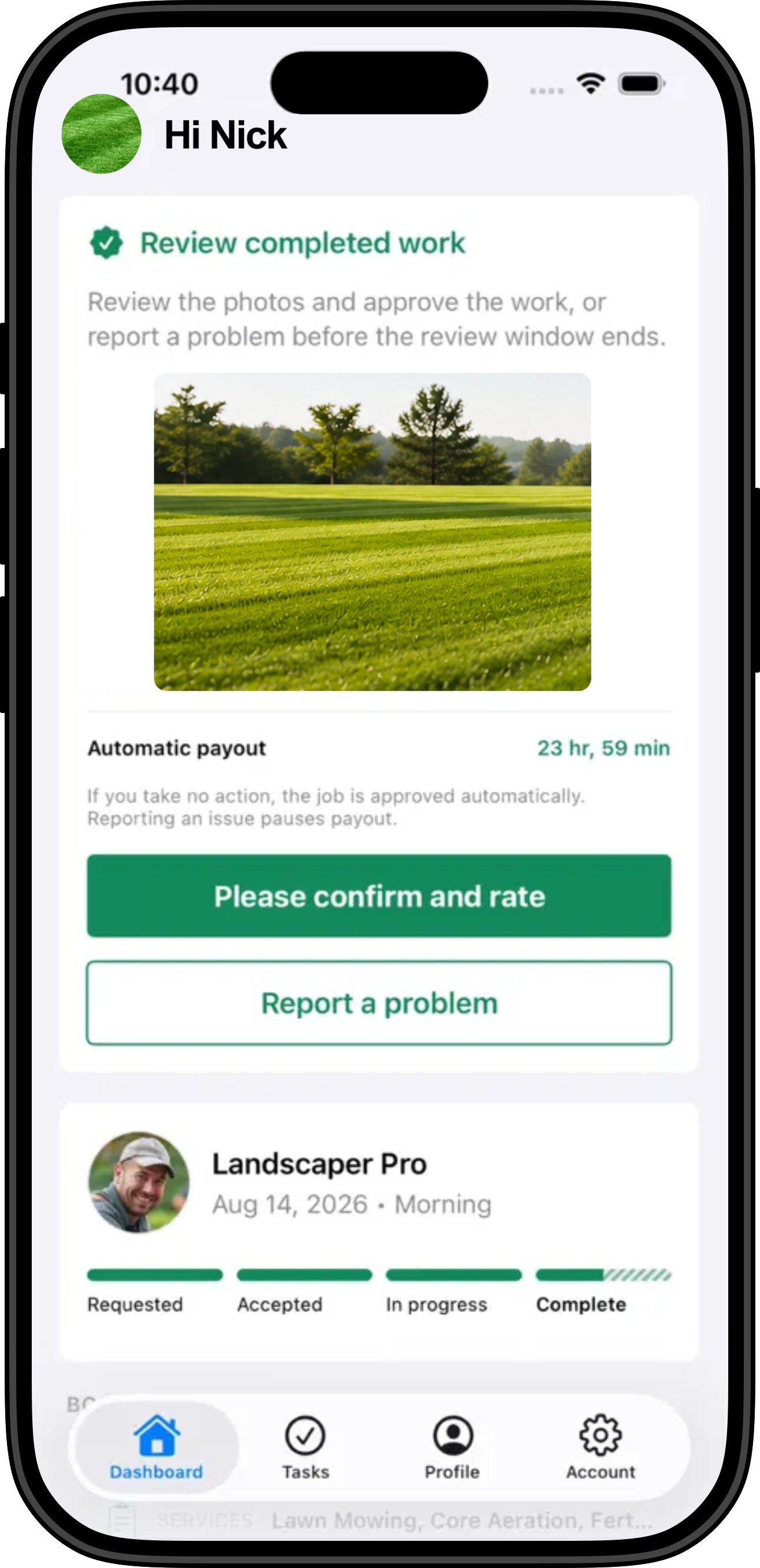 The TurfUp app screen displays an uploaded photo of the yard for the homeowner to review and confirm.