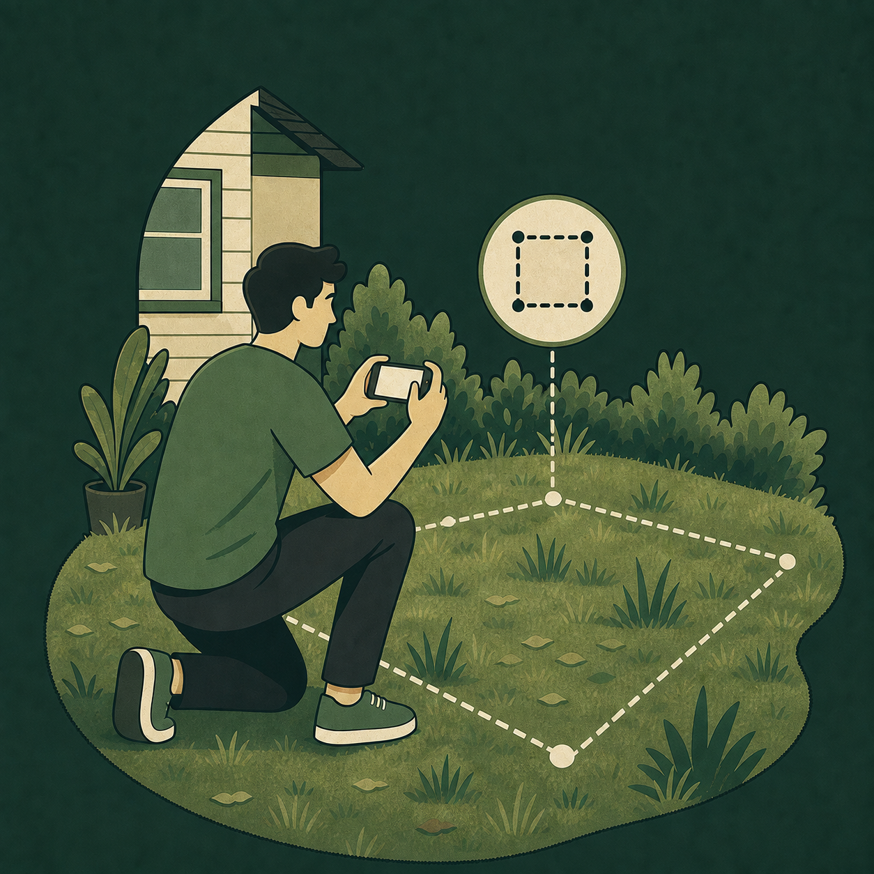A person kneeling on one knee outdoors, taking a lawn picture for the TurfUp app, with a house, bushes, and the sky in the background.
