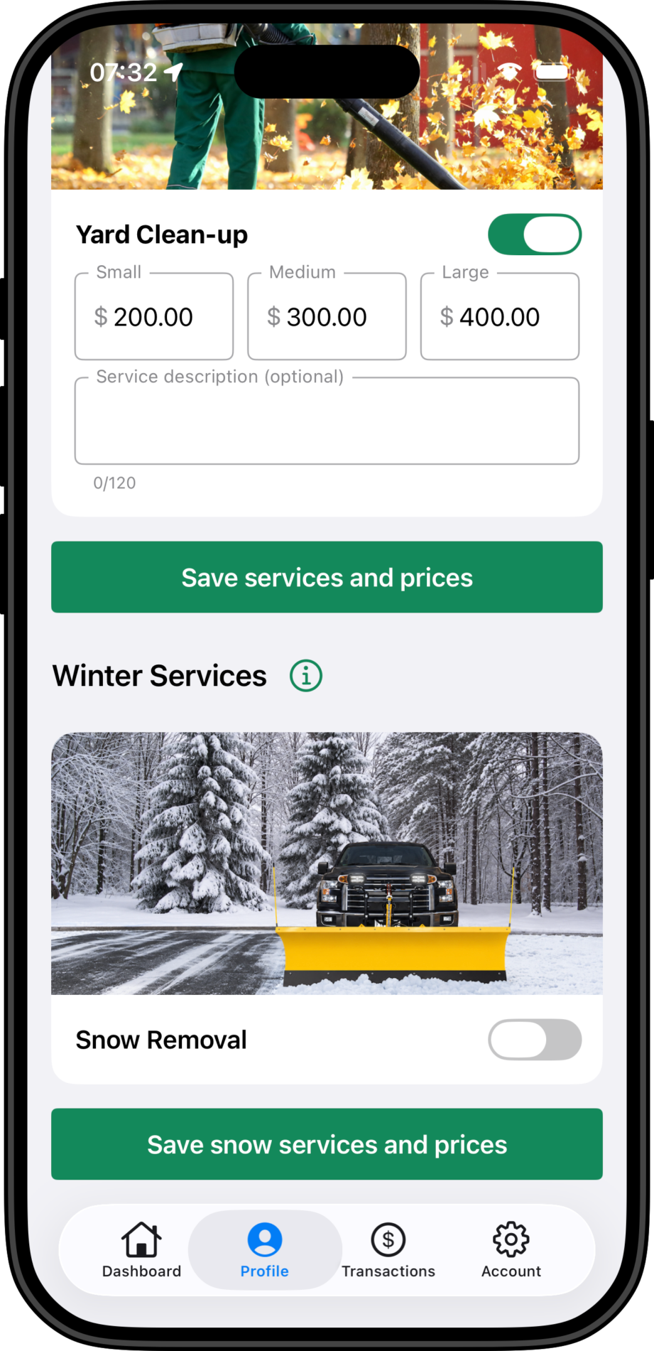 The TurfUp app screen shows yard clean-up service options and prices for small, medium, and large yards, as well as winter services, including snow removal.