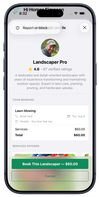 Mobile app screen showing a landscaper booking for lawn mowing at a total cost of $60, with options to confirm or cancel.