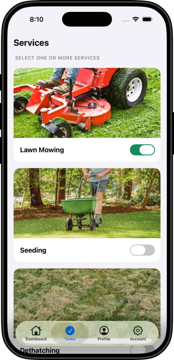 The TurfUp app screen displays lawn care services, with options for lawn mowing and seeding.