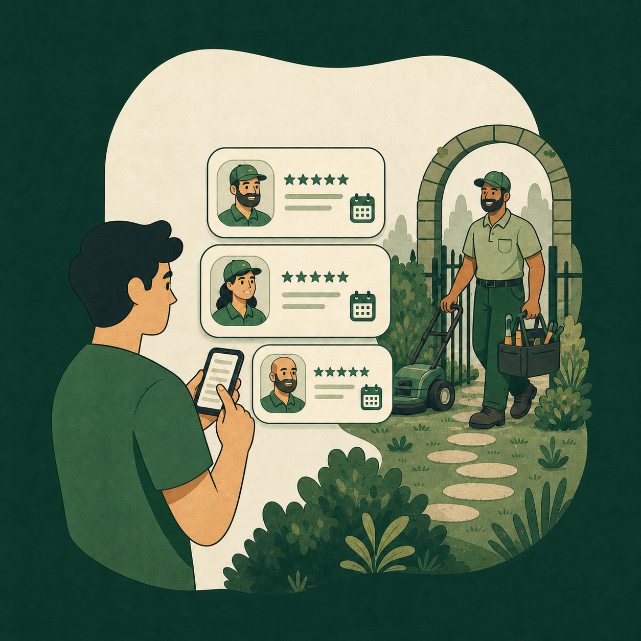 Illustration of a man reviewing reviews of a landscaper on the TurfUp app, with three profile cards showing ratings and comments. The landscaper is in uniform with gardening tools.