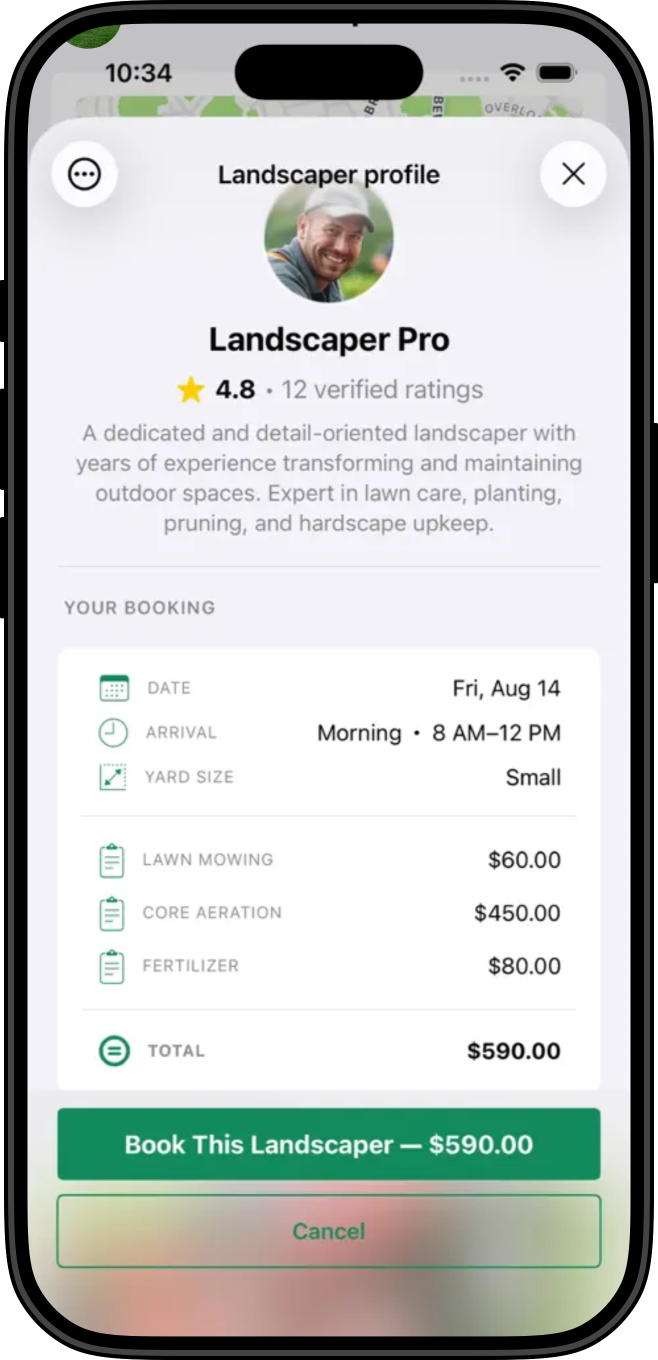 The TurfUp app displays a landscaper booking summary that includes the landscaper's profile, rating, scheduled services, costs, and a booking confirmation button.
