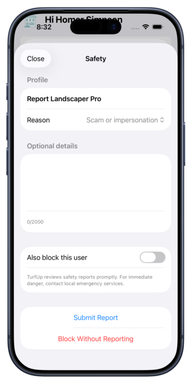 A smartphone screen displaying a safety report interface for reporting a landscapeing issue or impersonation, with options to submit or block the user.