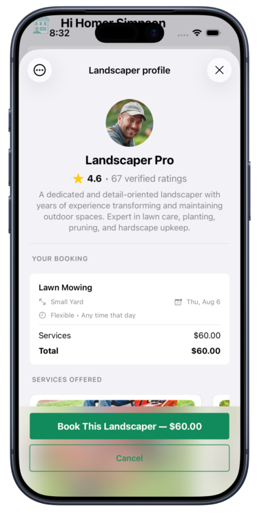 Mobile app screen displaying a landscaper profile named 'Landscaper Pro' with a 4.6 star rating based on 67 reviews, booking details for lawn mowing service on August 6th, with a price of $60, and options to book or cancel.