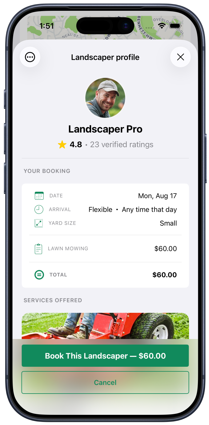 Smartphone screen displaying a landscaping service booking app with a profile picture of a man, ratings, booking details, and a photo of a lawn mower.