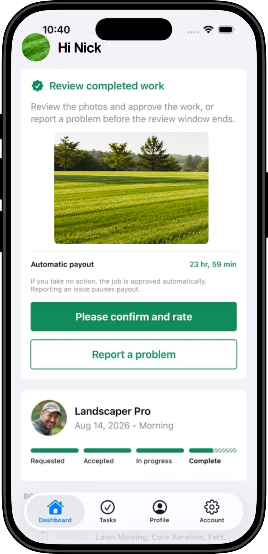 The TurfUp app screen displays an uploaded photo of the yard for the homeowner to review and confirm.