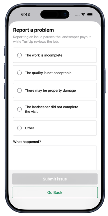 Mobile phone screen displaying a problem report form with options for reporting landscaping issues on the TurfUp app