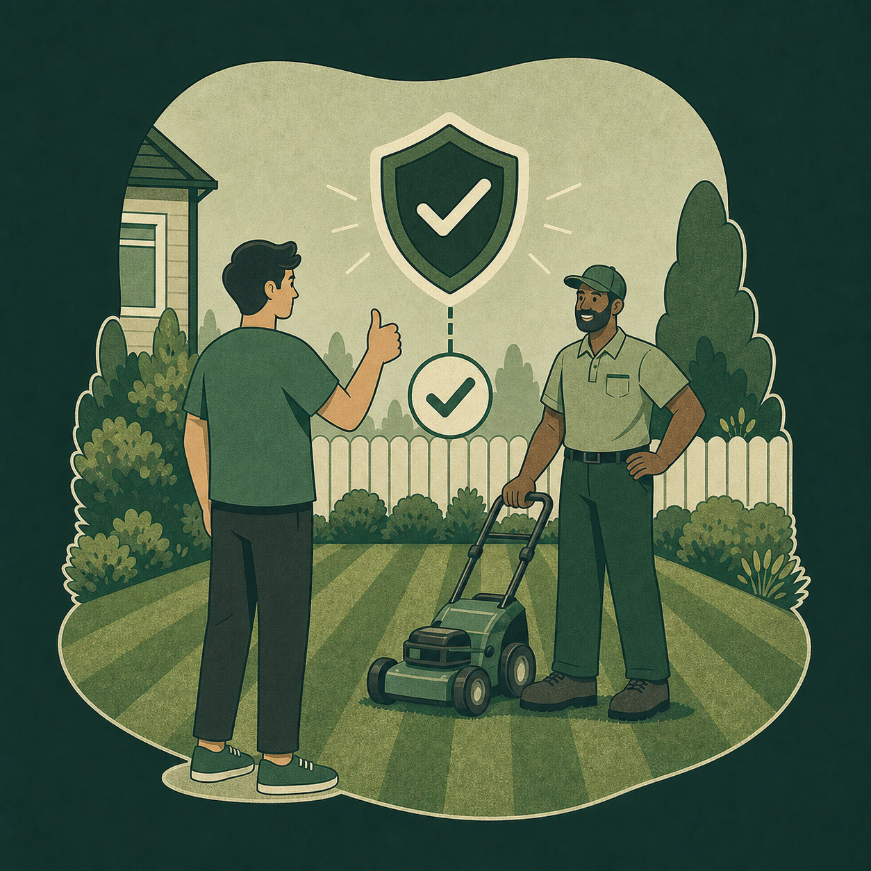 A young man gives a thumbs-up to a lawn care professional holding a lawnmower in a backyard with a fence and bushes. A shield with a checkmark above it symbolizes trust or safety - TurfUp app.